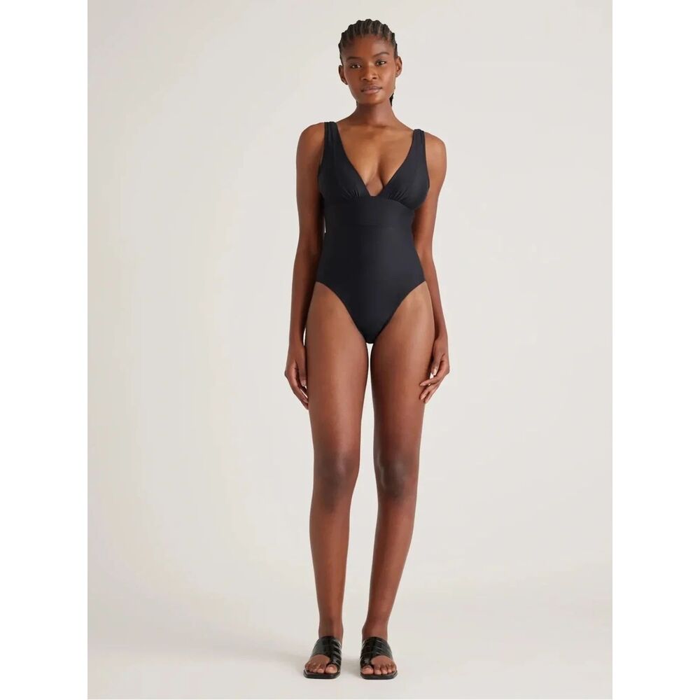 Quince Women's Italian Plunge High-Rise One-Piece Swimsuit in Black L